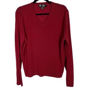 Brooks Brothers Mens Medium Red Saxxon Wool V Neck Sweater Pullover Lightweight